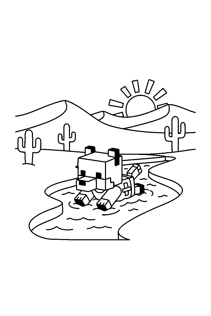 minecraft baby wolf swimming in a desert line art