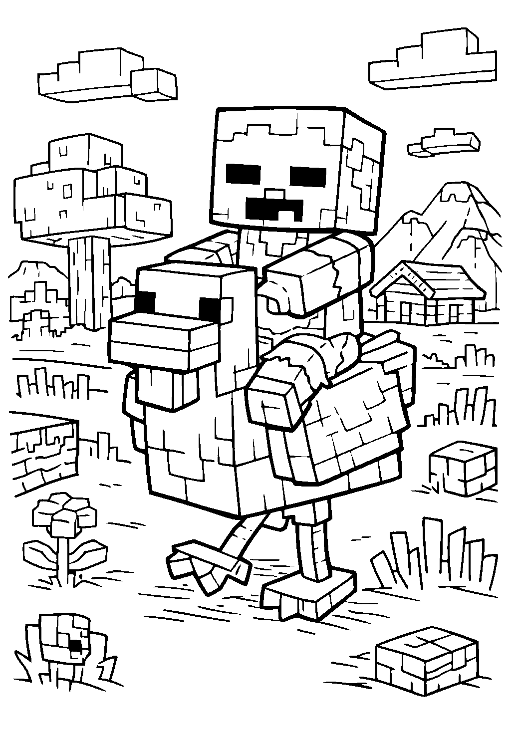 minecraft baby zombie chicken jockey line art