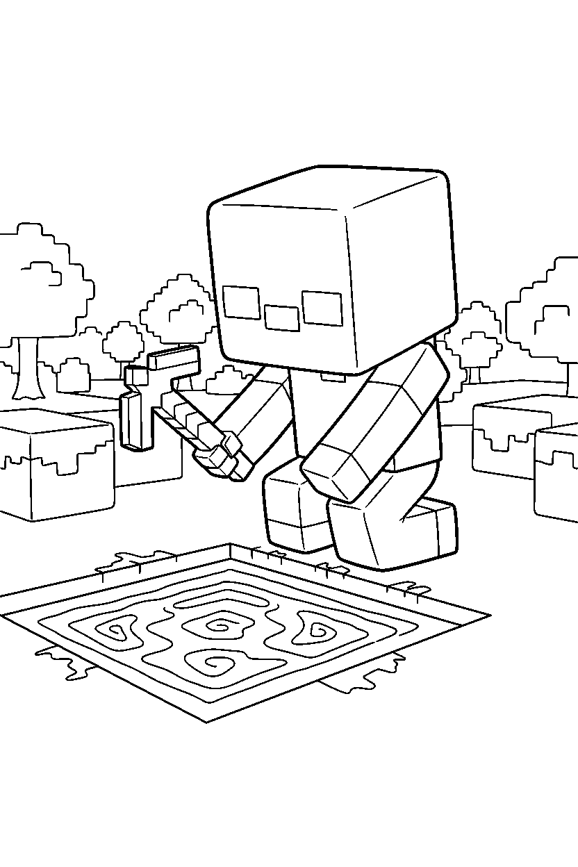 minecraft baby zombie digging carefully near a lava lake line art
