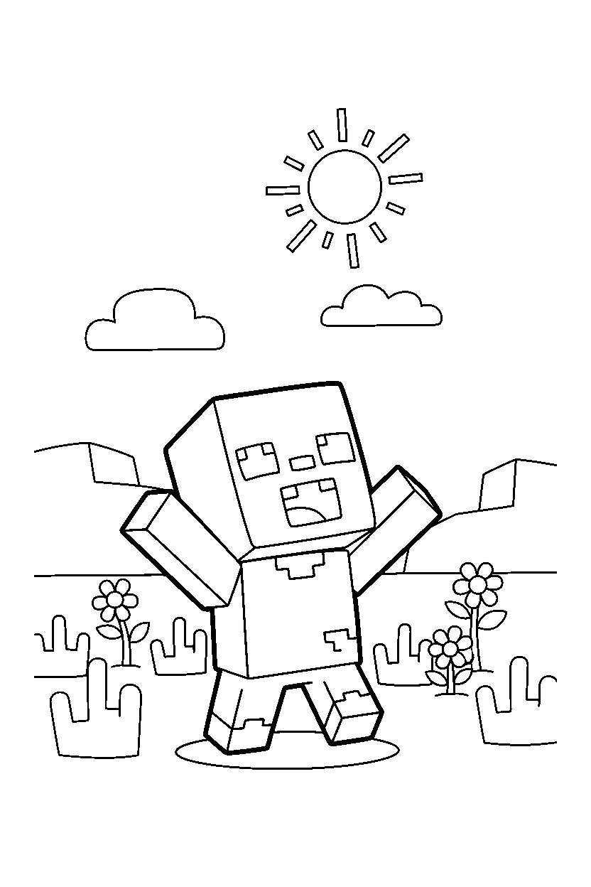 minecraft baby zombie howling playfully in a meadow line art