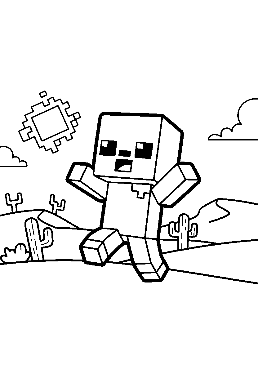 minecraft baby zombie jumping playfully in a desert line art
