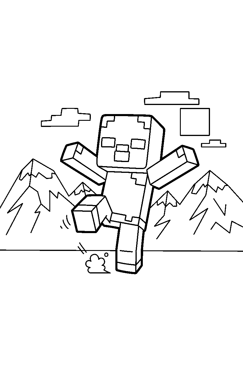 minecraft baby zombie stomping playfully in mountains line art