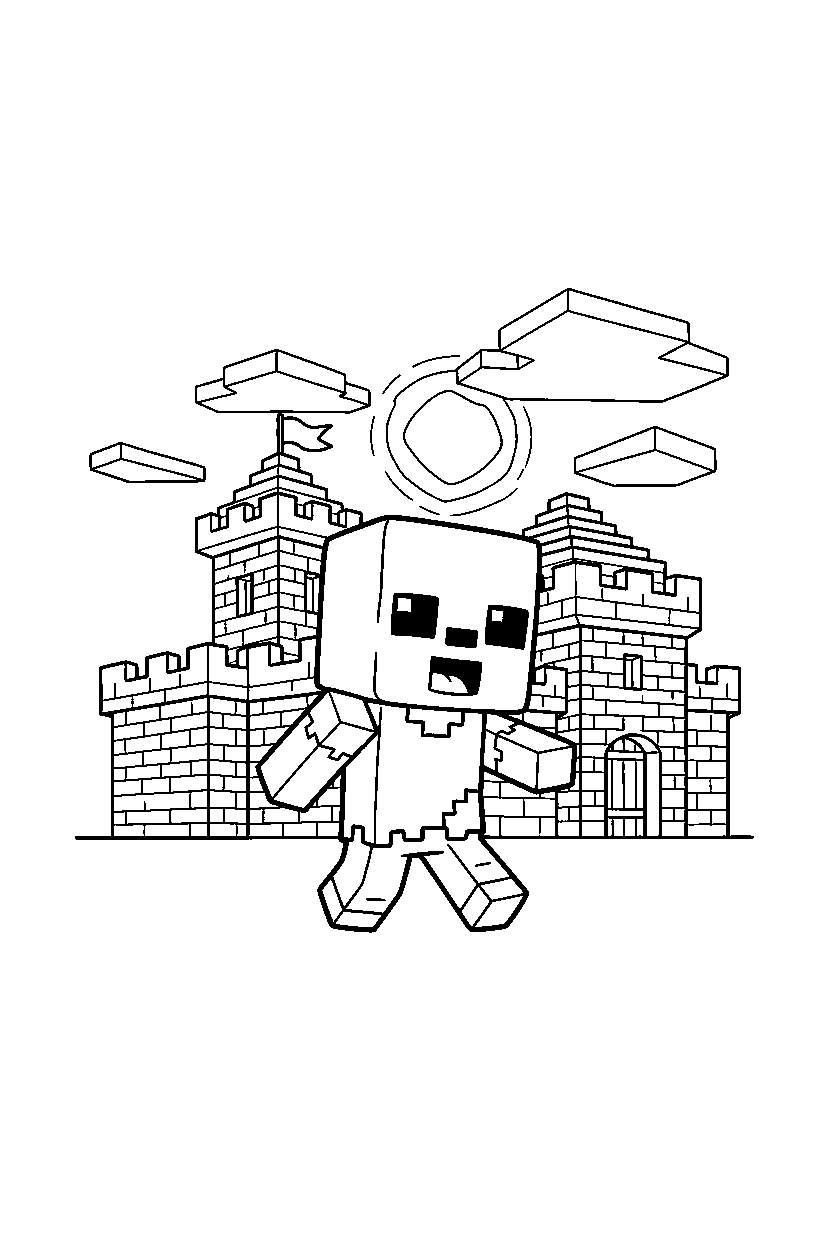 minecraft baby zombie walking happily in a castle base line art