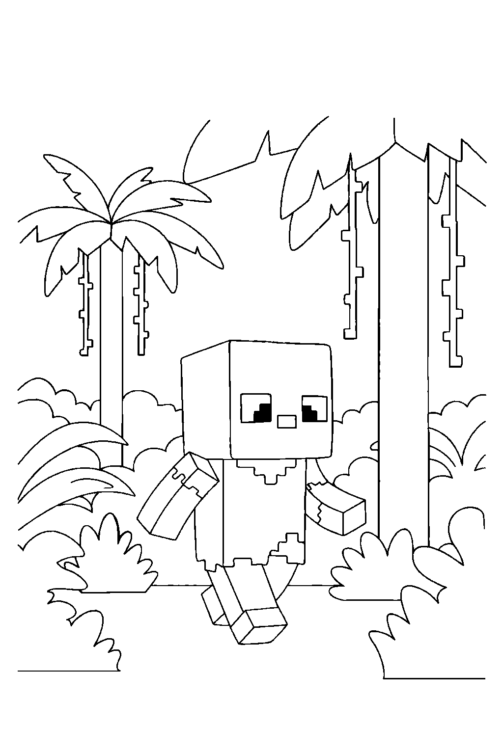 minecraft baby zombie wandering curiously in a jungle line art