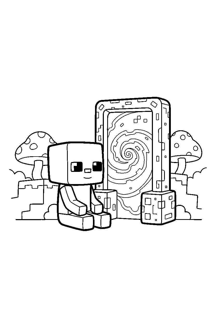 minecraft baby zombie watching calmly near a nether portal line art