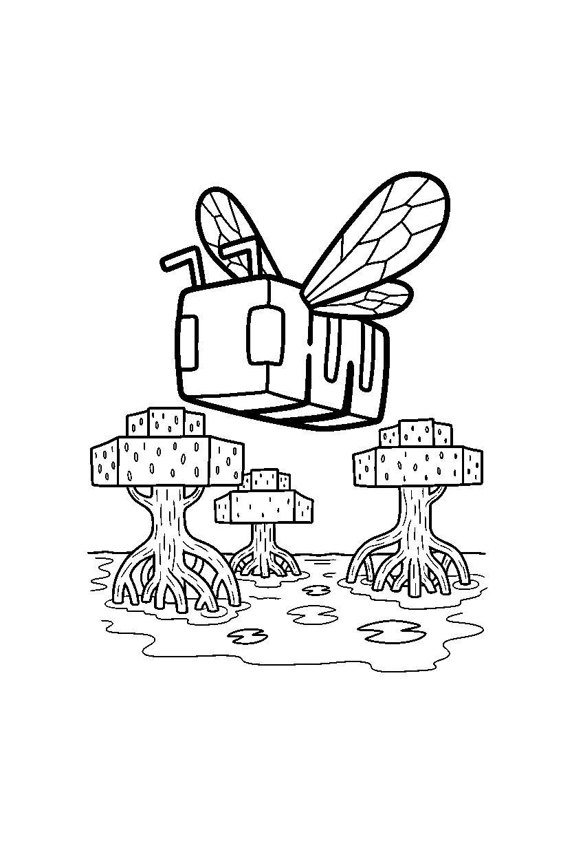 minecraft bee gliding calmly in a mangrove swamp line art
