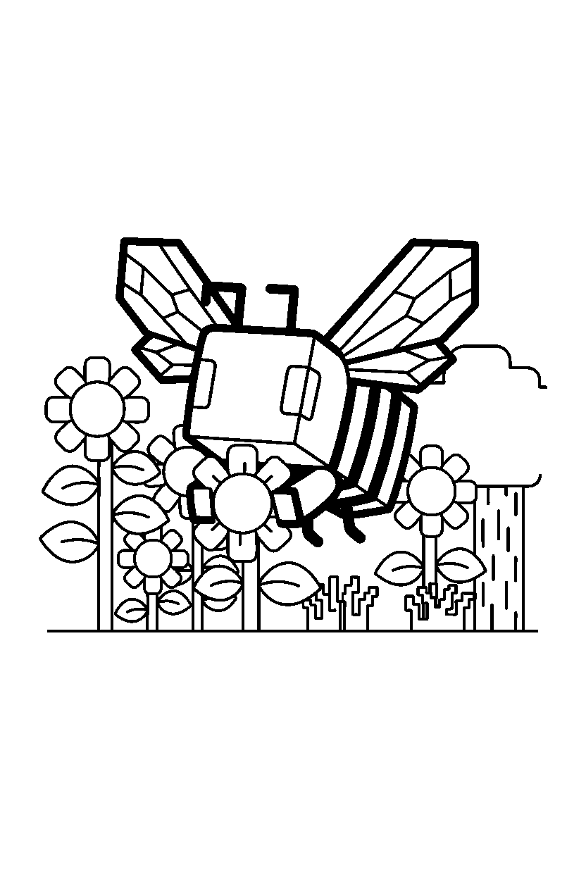 minecraft bee holding a flower in sunflower plains line art