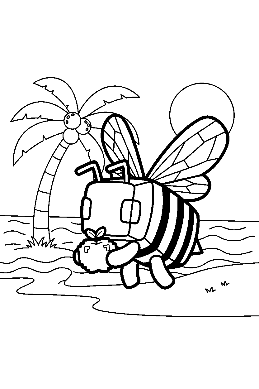 minecraft bee holding an apple on a beach line art