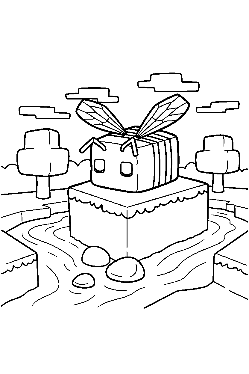 minecraft bee resting calmly near a river line art