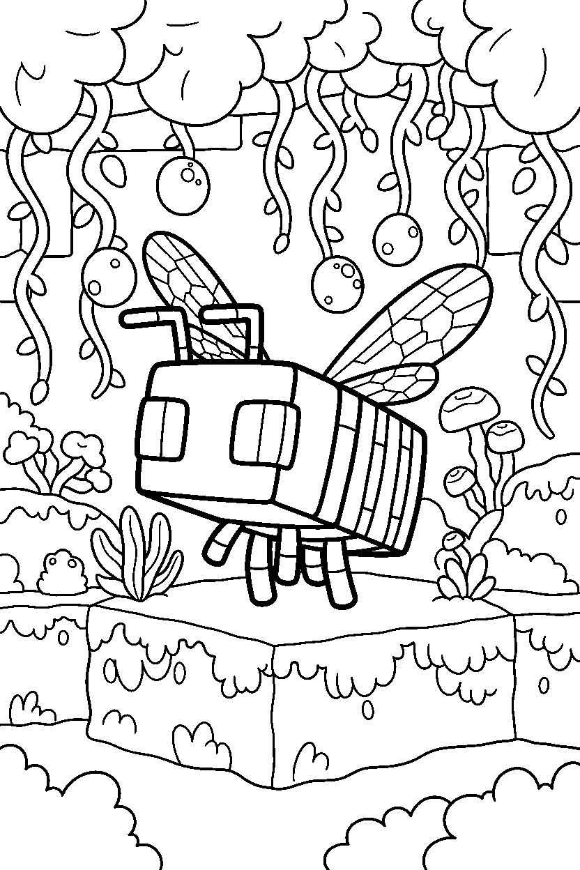 minecraft bee standing calmly in a lush cave line art