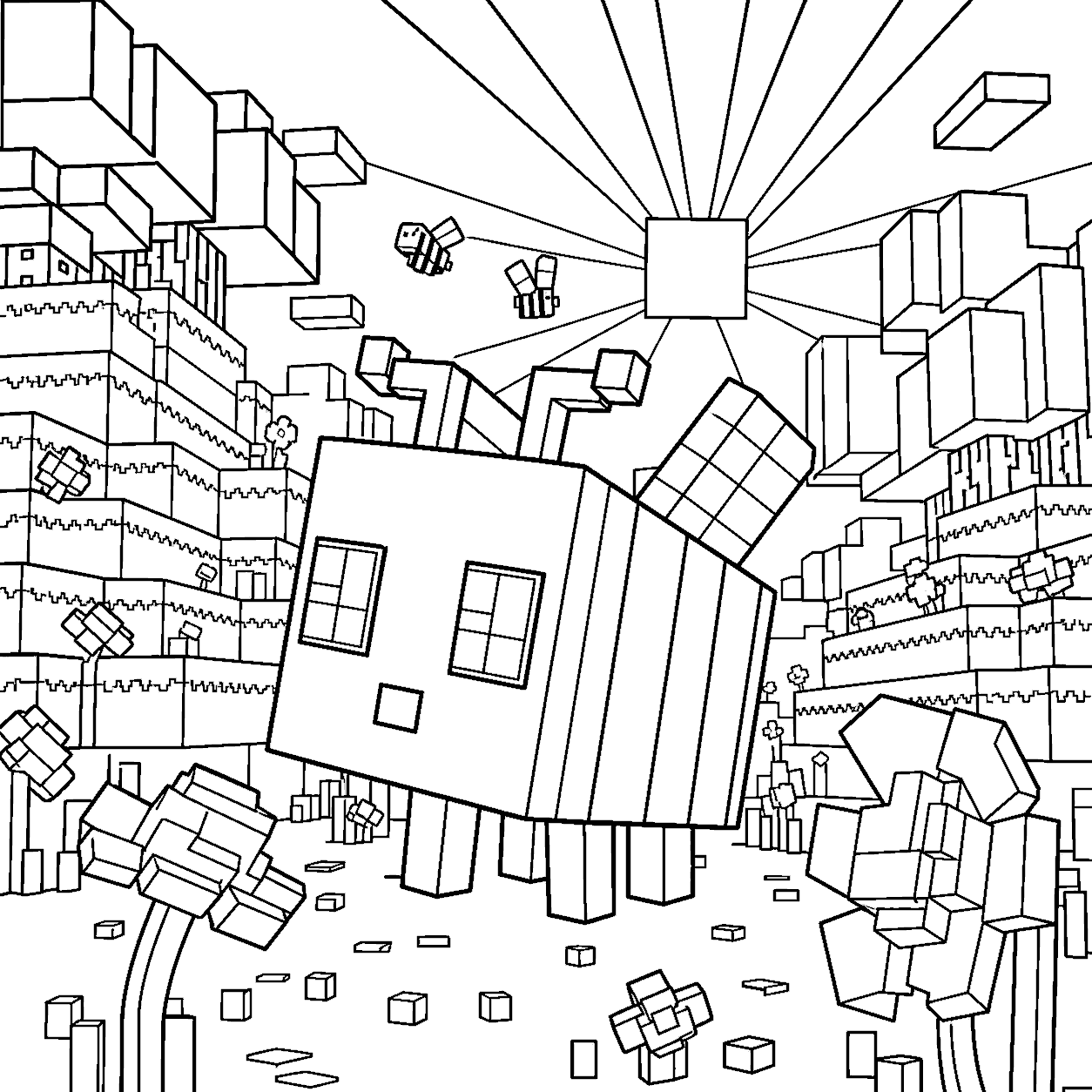minecraft bees flying in beautiful flower valley line art for kids