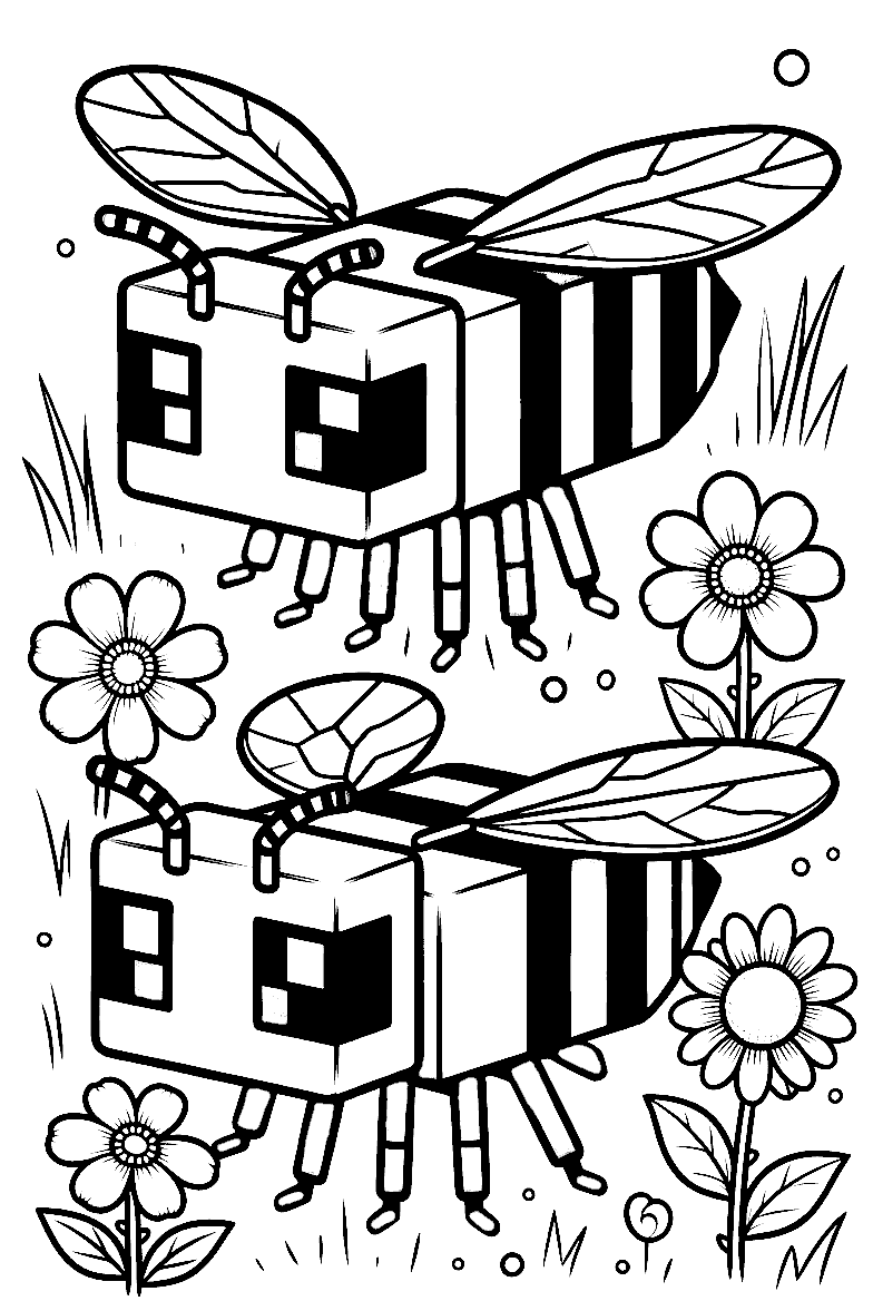minecraft bees flying in flower garden line art