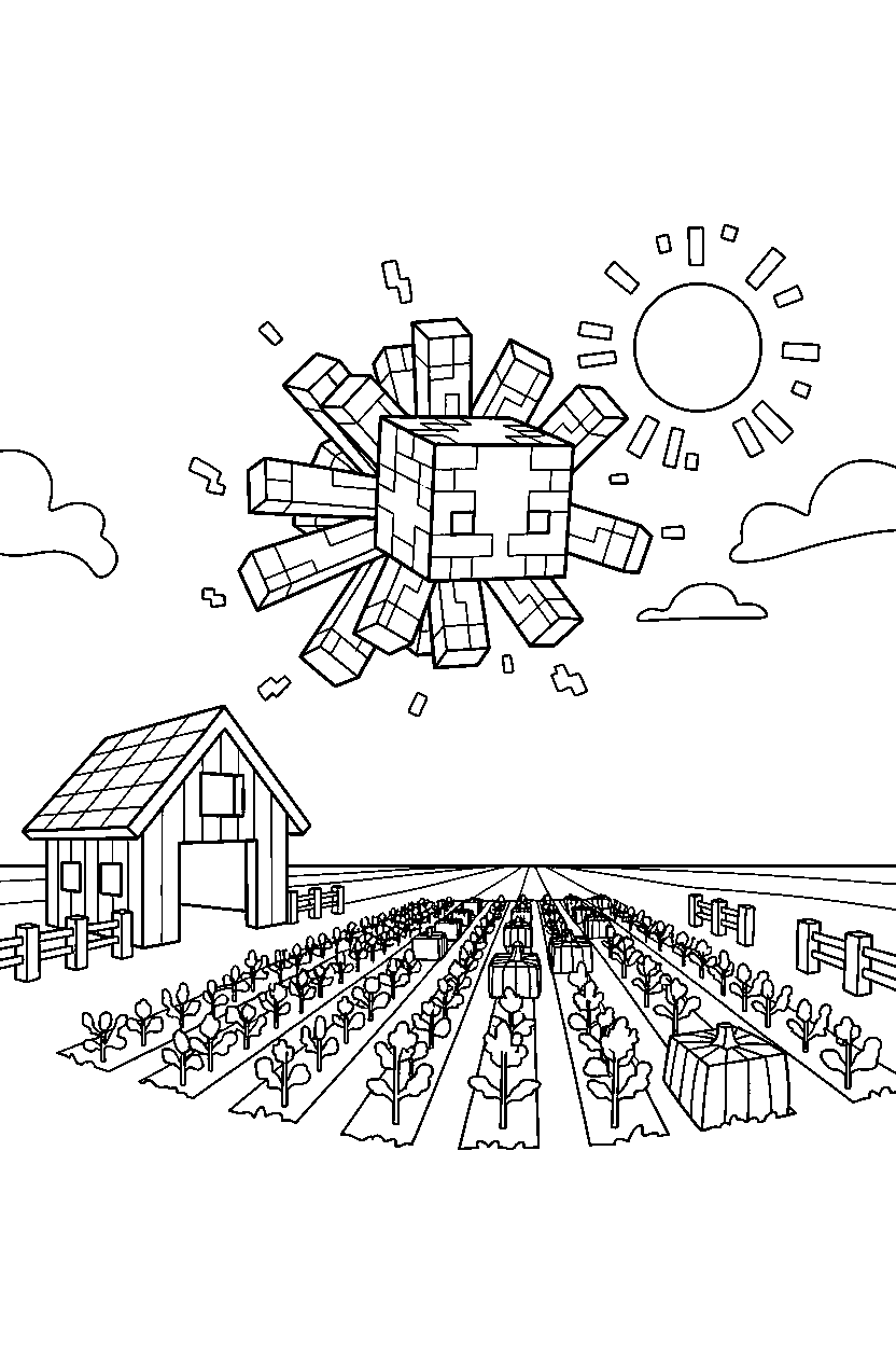 minecraft blaze flying calmly near a farm field line art