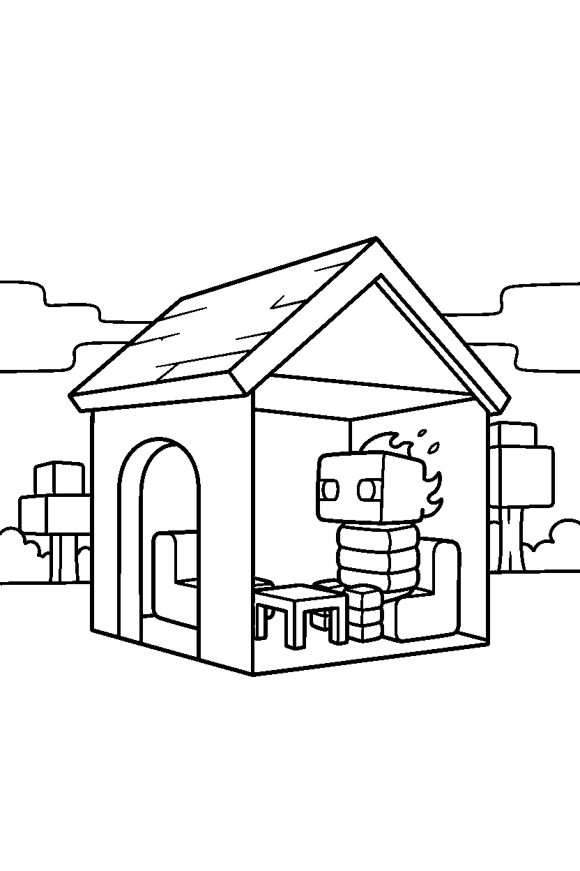 minecraft blaze sitting calmly inside a house line art