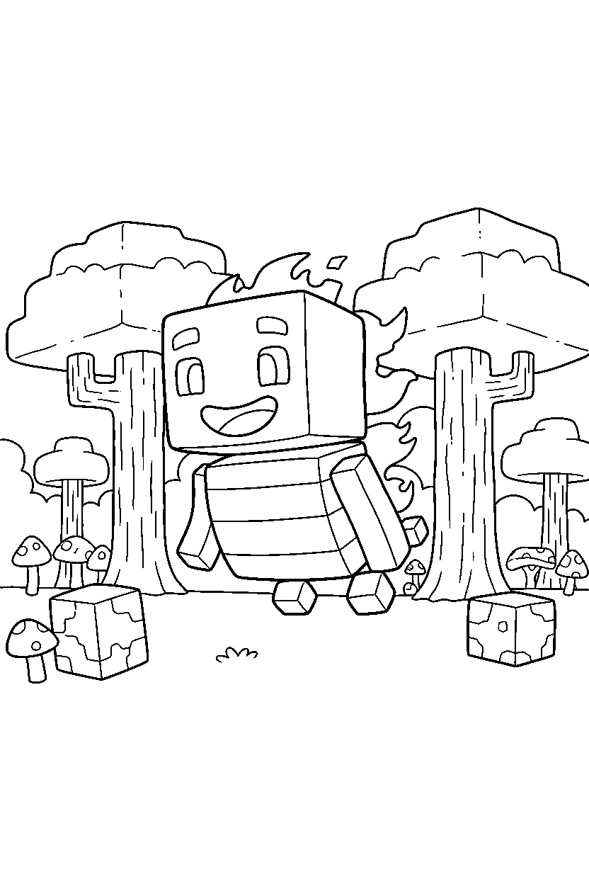 minecraft blaze smiling happily in a dark forest line art