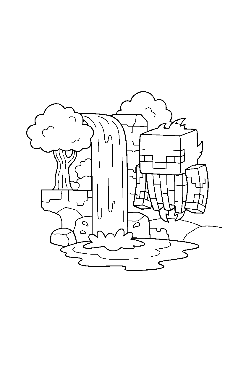 minecraft blaze standing calmly near a waterfall line art