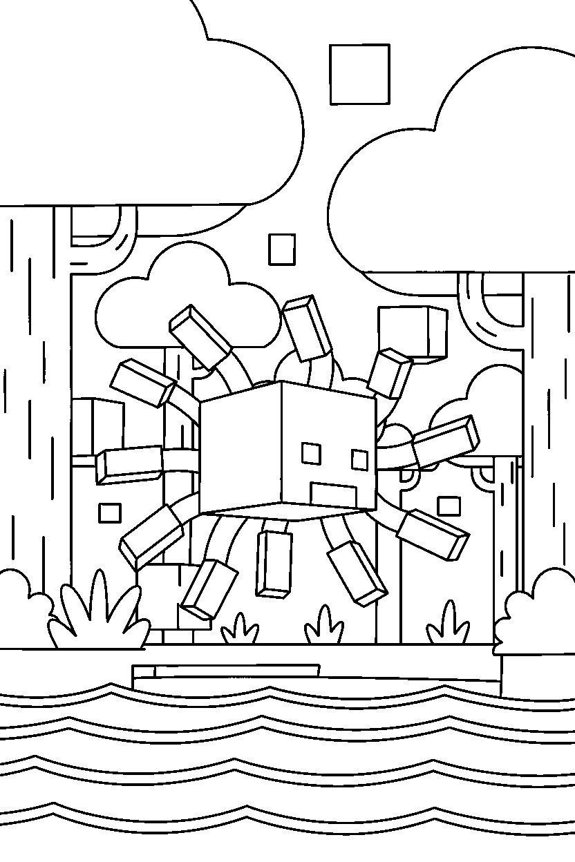 minecraft blaze swimming calmly in a dark forest line art