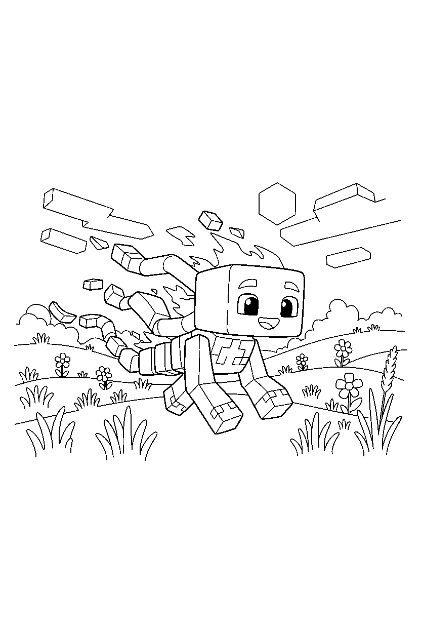 minecraft blaze walking happily in a meadow line art