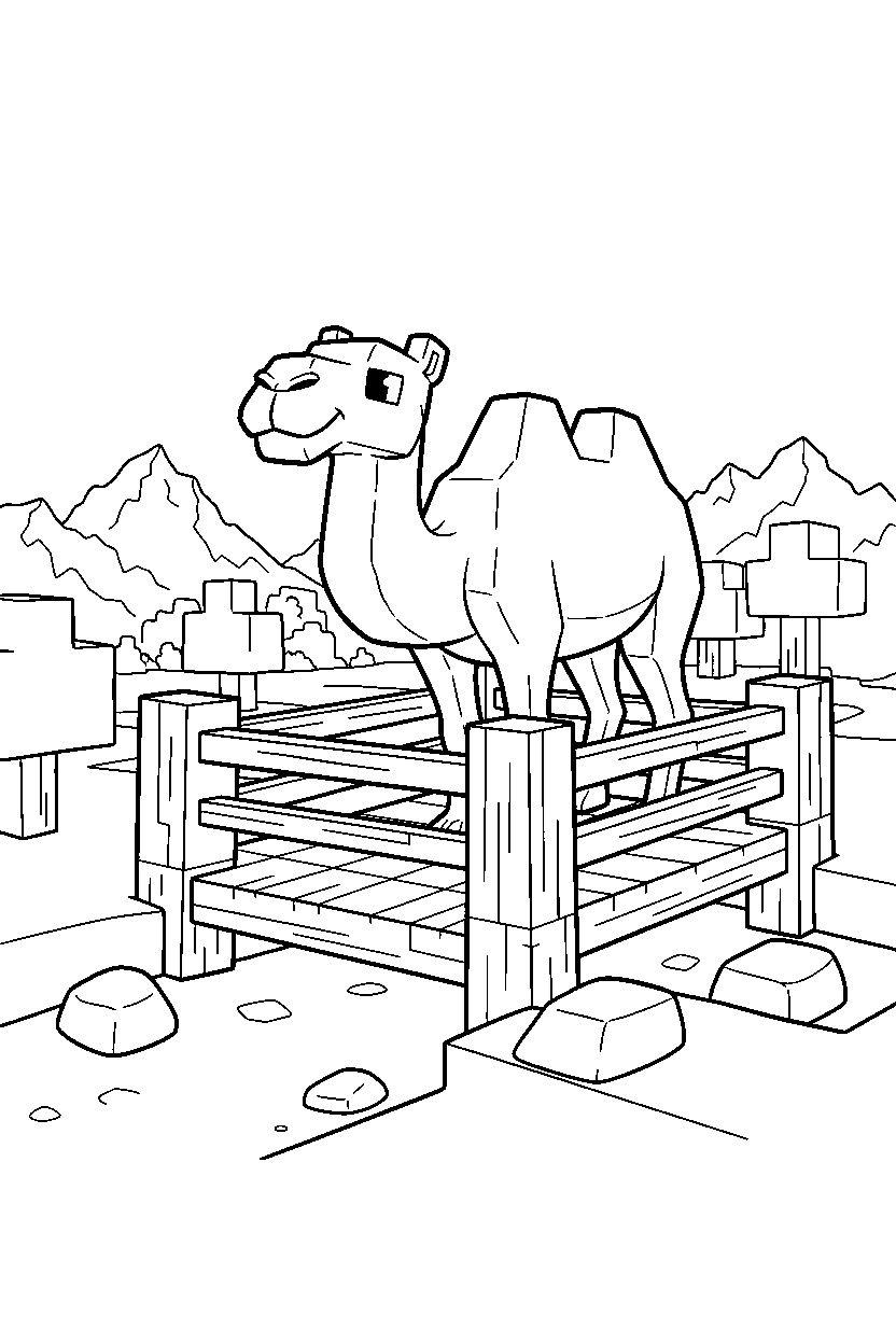 minecraft camel exploring curiously on a bridge line art
