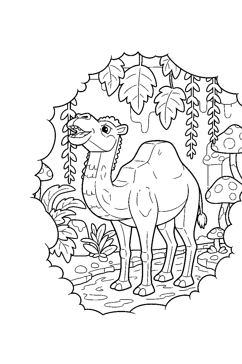 minecraft camel howling playfully in a lush cave line art