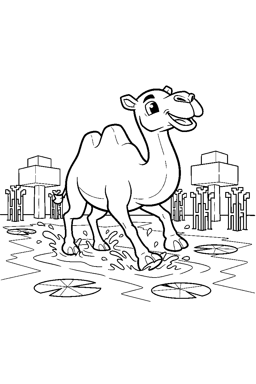minecraft camel playing happily in a swamp line art