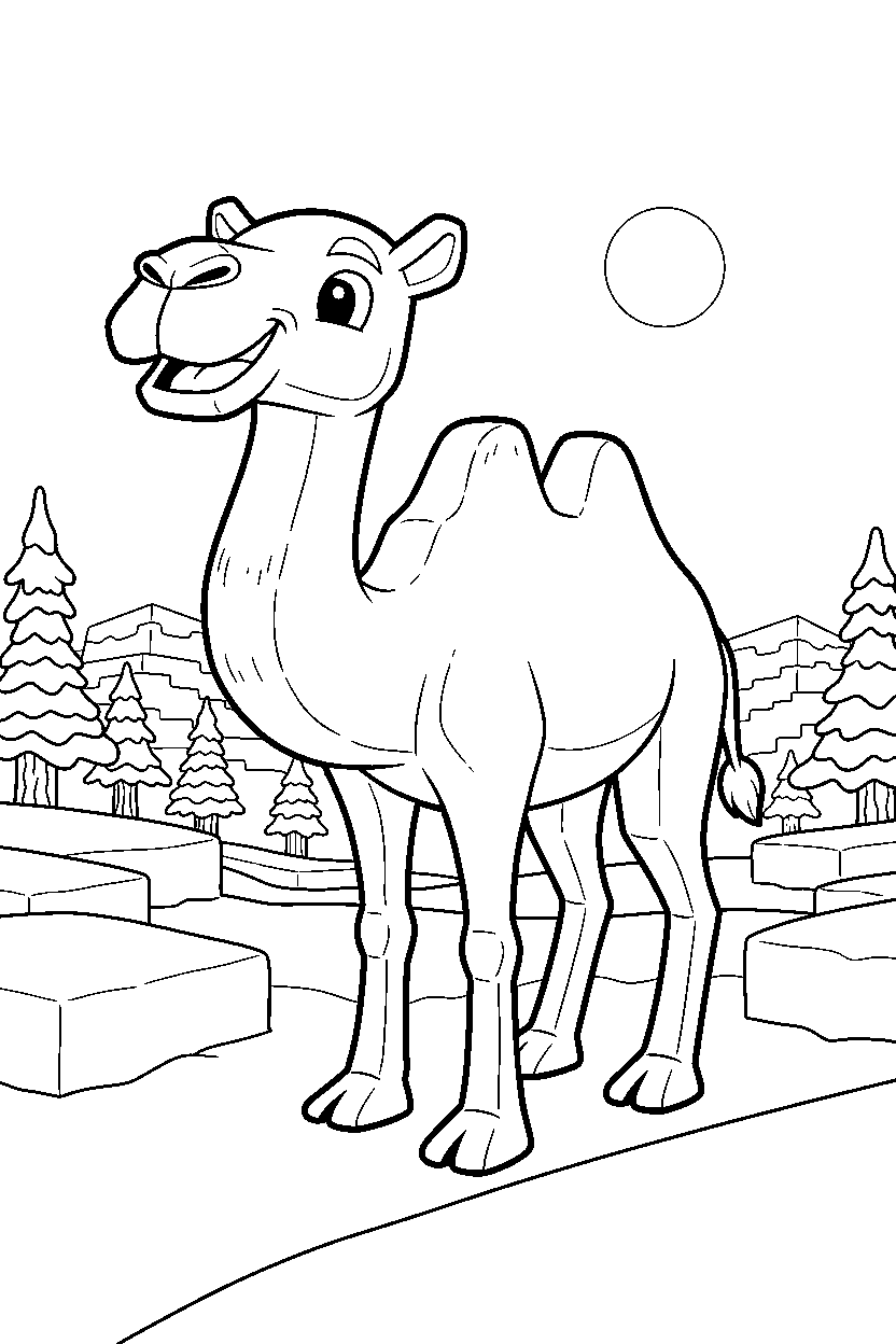 minecraft camel posing happily in snowy tundra line art