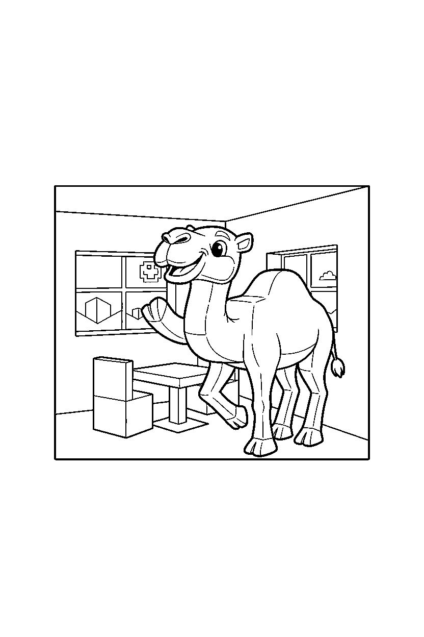 minecraft camel posing happily inside a house line art
