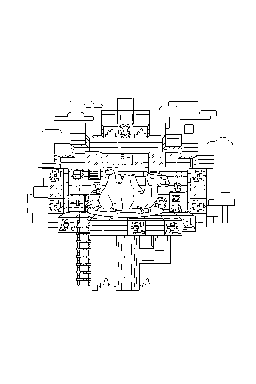 minecraft camel resting calmly in a treehouse base line art