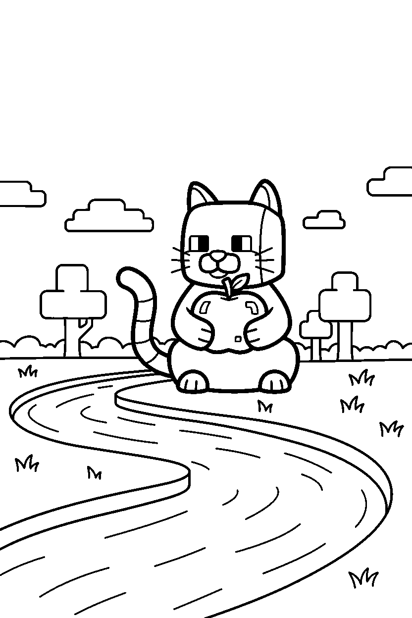 minecraft cat holding an apple near a river line art