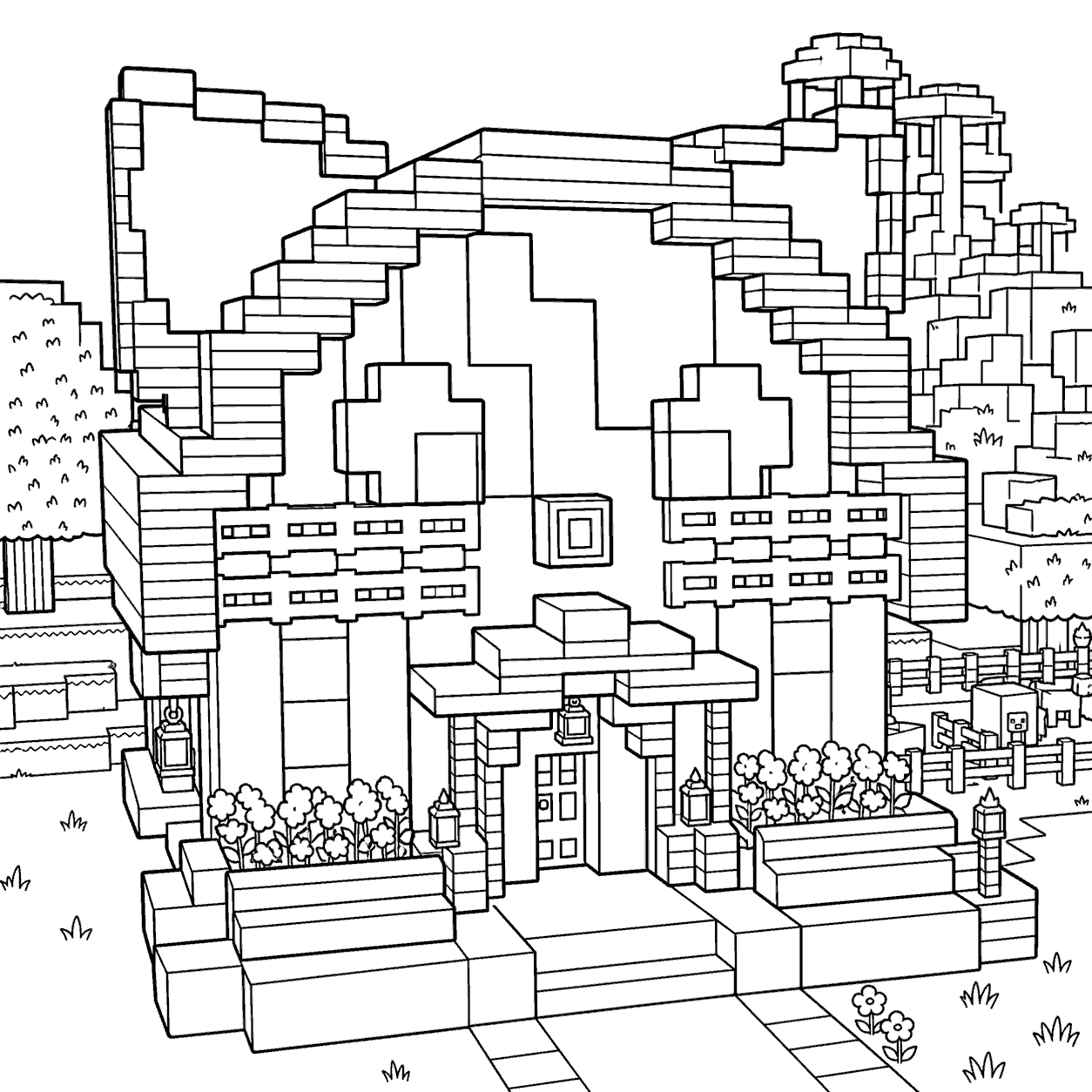 minecraft cat house base line art