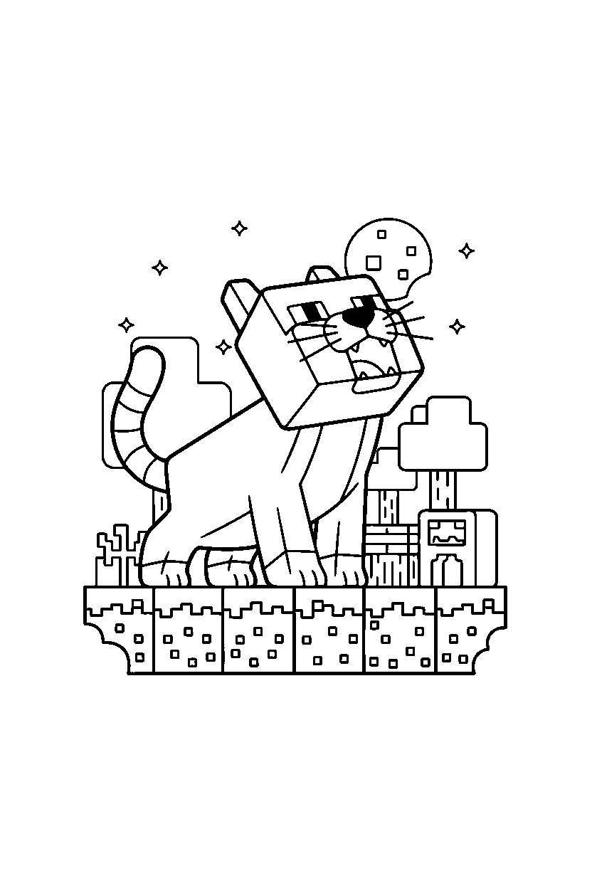 minecraft cat howling playfully in a survival base line art