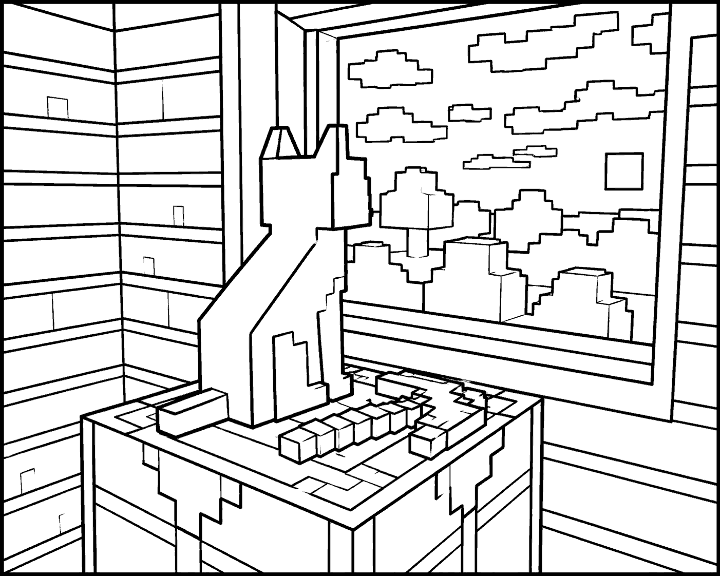 minecraft cat looking out window line art