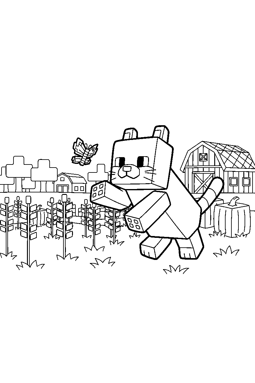 minecraft cat playing happily near a farm field line art