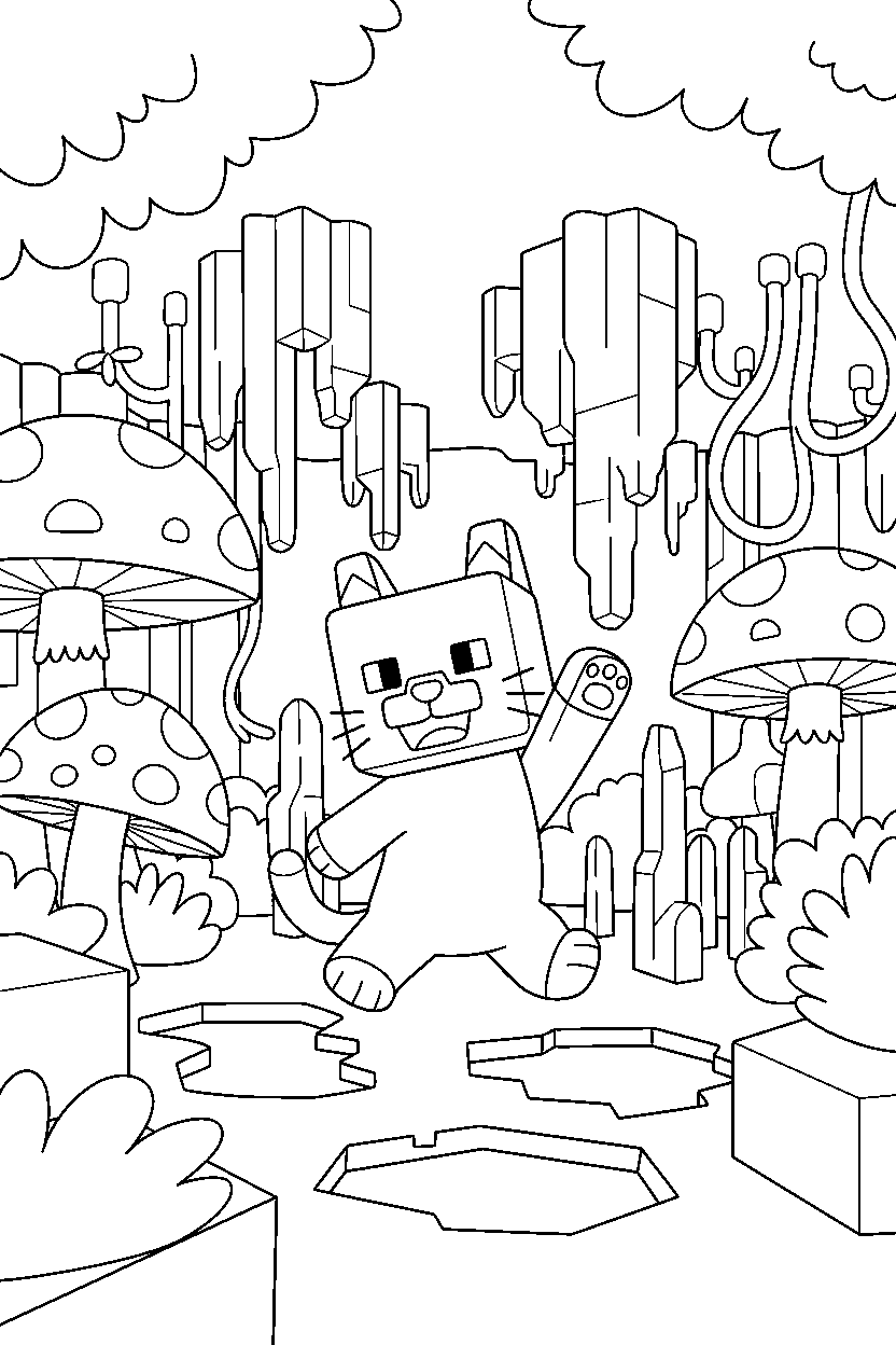 minecraft cat posing happily in a lush cave line art