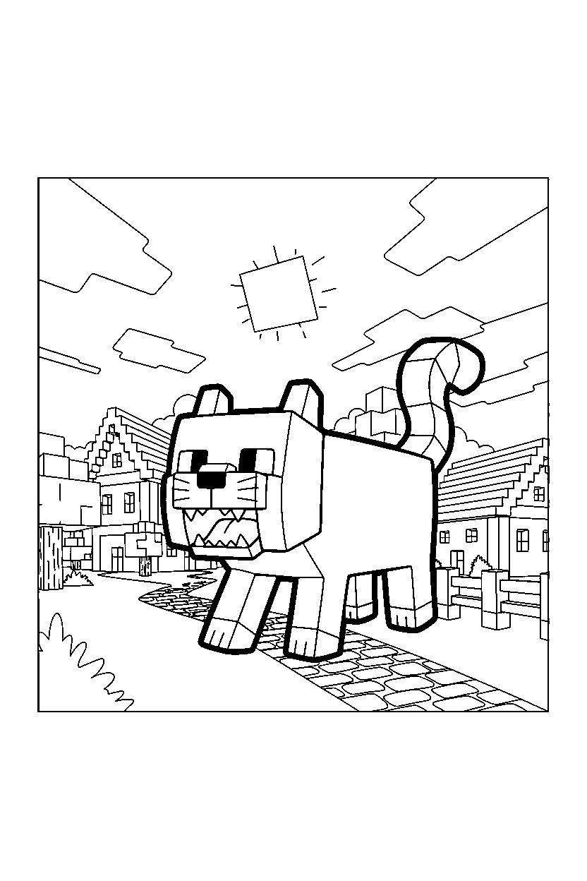 minecraft cat roaring playfully in a village line art
