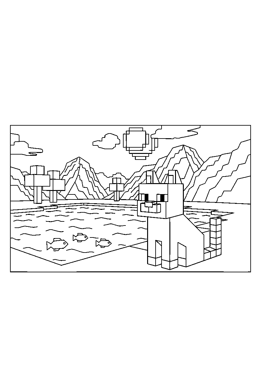 minecraft cat sitting by lake line art