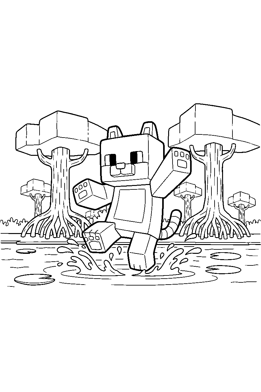 minecraft cat stomping playfully in a mangrove swamp line art