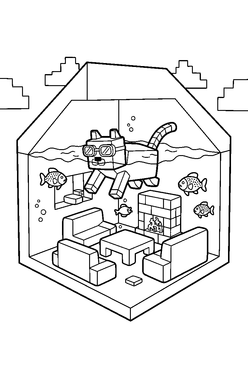 minecraft cat swimming inside a house line art