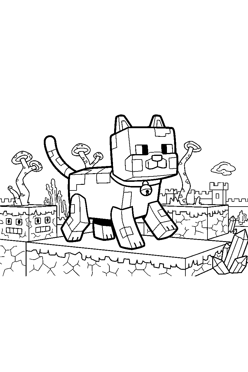 minecraft cat walking happily in the nether line art