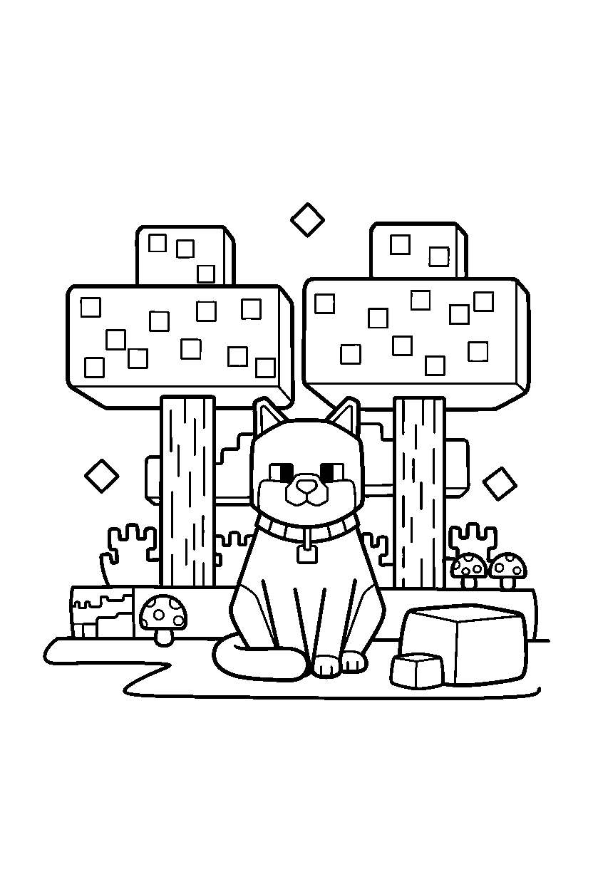 minecraft cat watching calmly in a forest line art