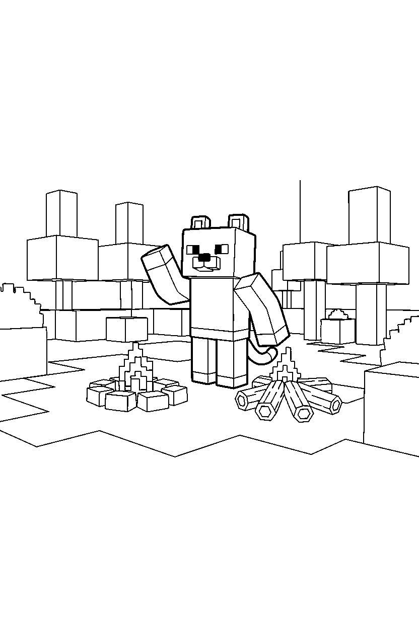 minecraft cat waving at campfire spot line art
