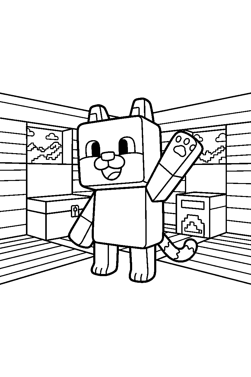 minecraft cat waving happily in a survival base line art