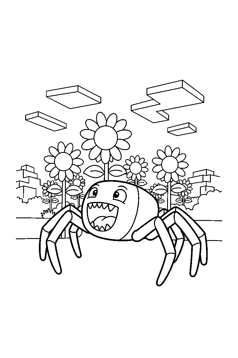 minecraft cave spider howling playfully in sunflower plains line art