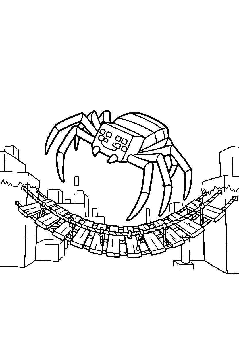 minecraft cave spider jumping playfully on a bridge line art