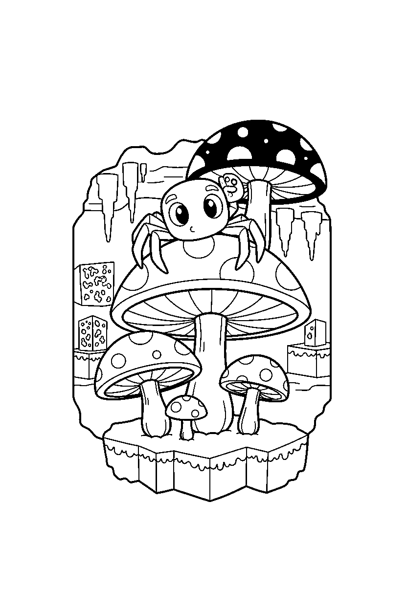 minecraft cave spider listening carefully on a mushroom island line art
