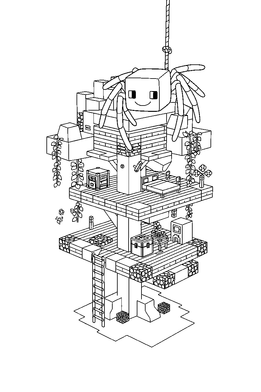 minecraft cave spider playing happily in a treehouse base line art