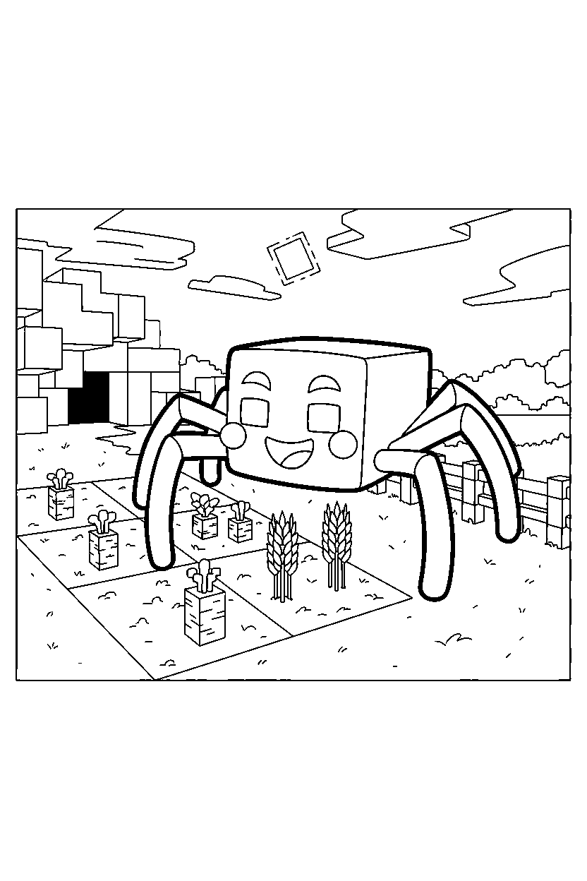 minecraft cave spider playing happily near a farm field line art