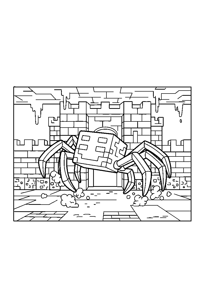 minecraft cave spider stomping playfully in a castle base line art