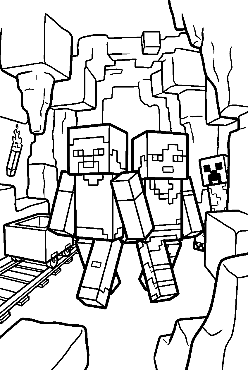minecraft characters in deep cave line art