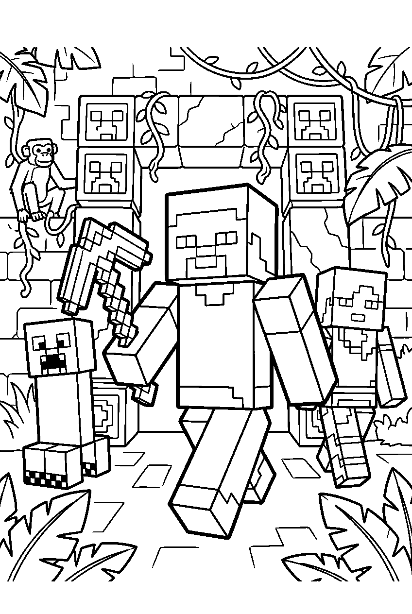 minecraft characters in jungle temple line art